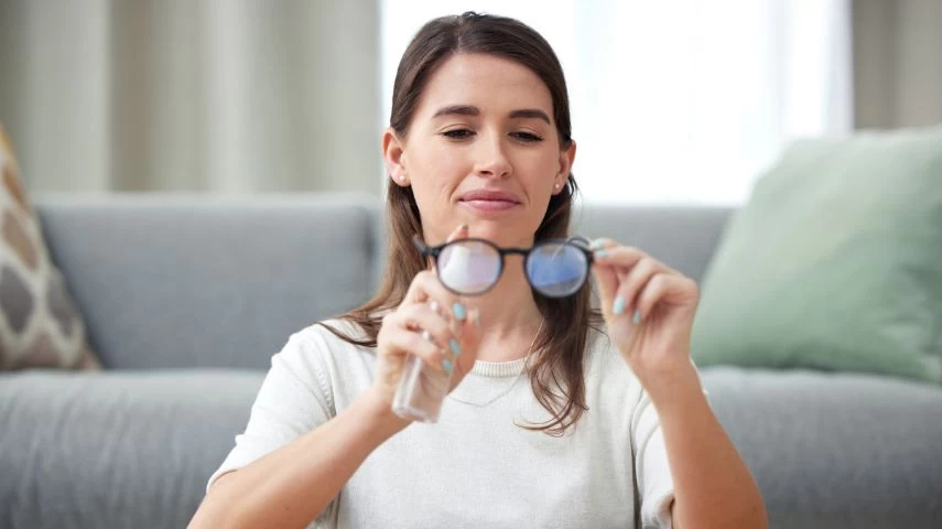 Žena čisti naočare sa dioptrijom.